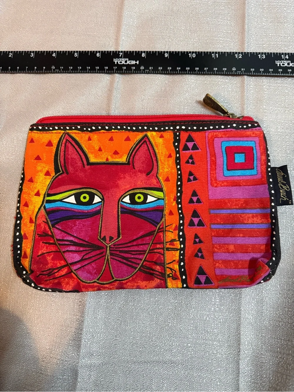 Laurel Burch Red and Orange Cat Art Cosmetic Pouch with Multicolor Accents